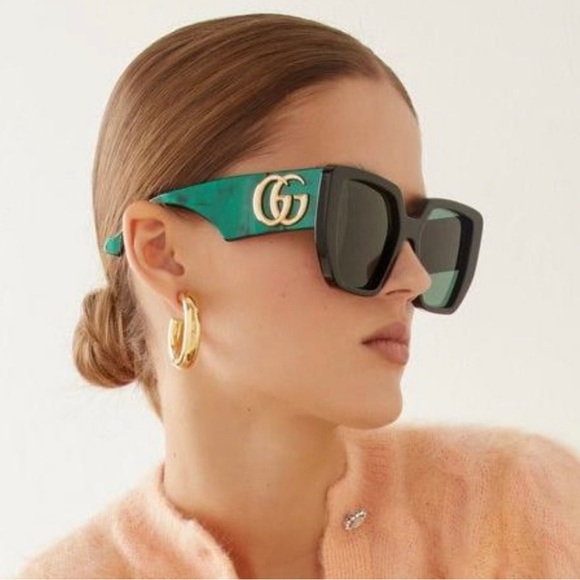 NEW GUCCI GG0956S 001 BLACK GREEN WOMEN’S SUNGLASSES - Picture 1 of 14